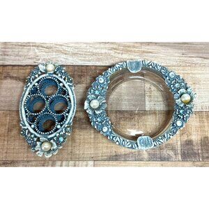 VTG FLORENZA Ornate Blue Wash White Metal  Glass Vanity Dish & Lipstick Holder